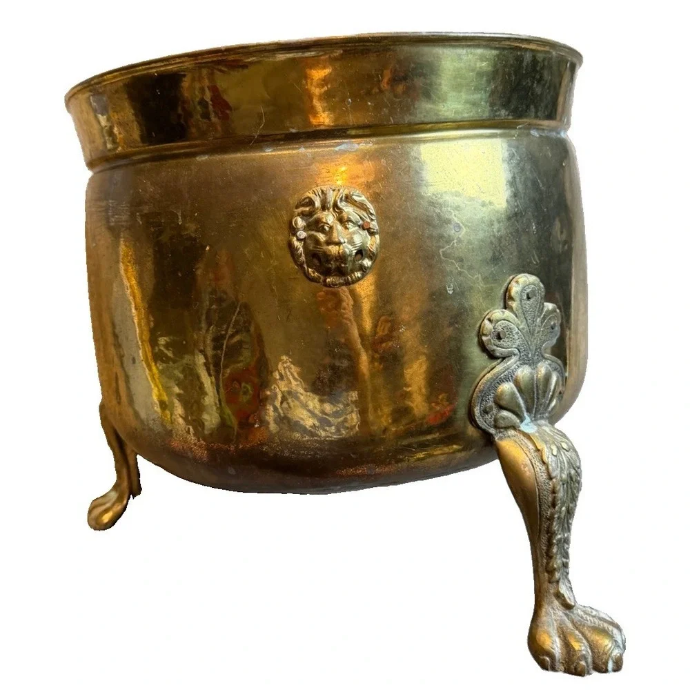 Antique Hand-Made English Brass Lion Handle Footed Cachepot Planter Cauldron